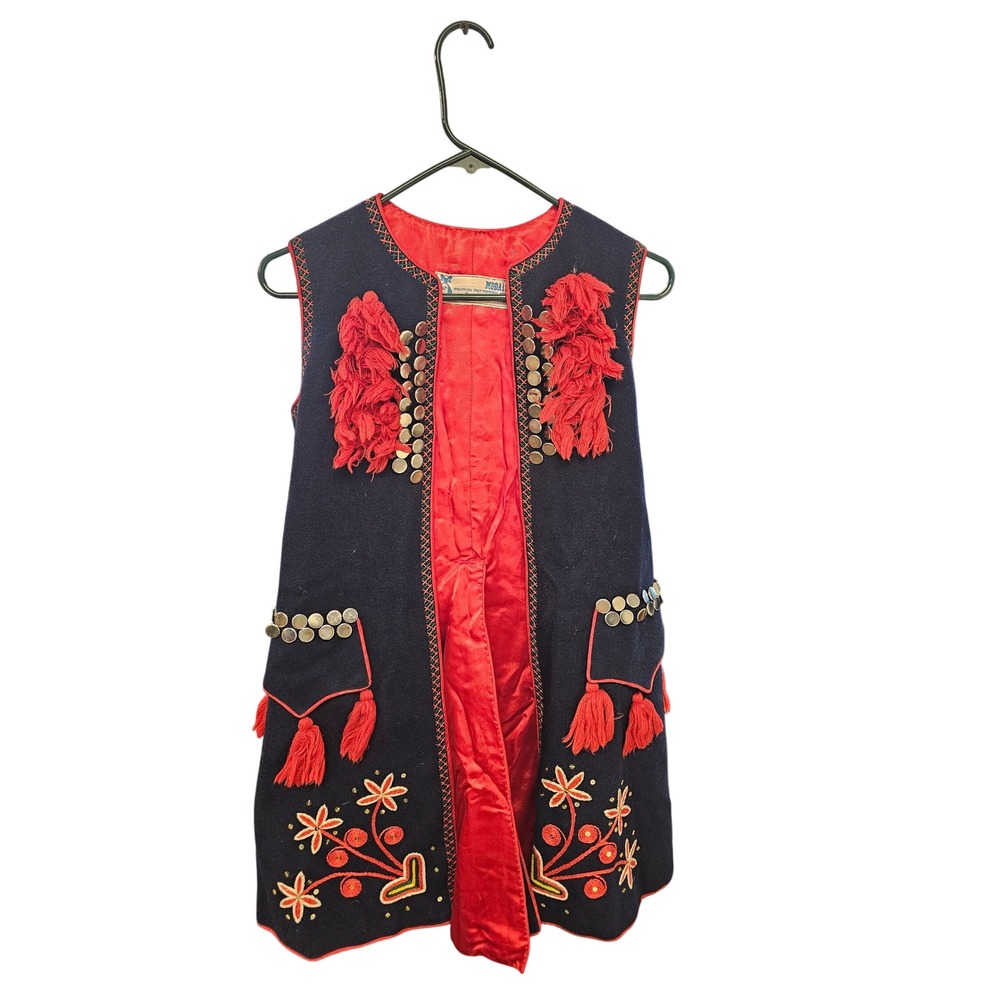 Vintage‎ Moda i Styl Polish Folk Vest Navy Red Tassels Embroidery Ethnic Small